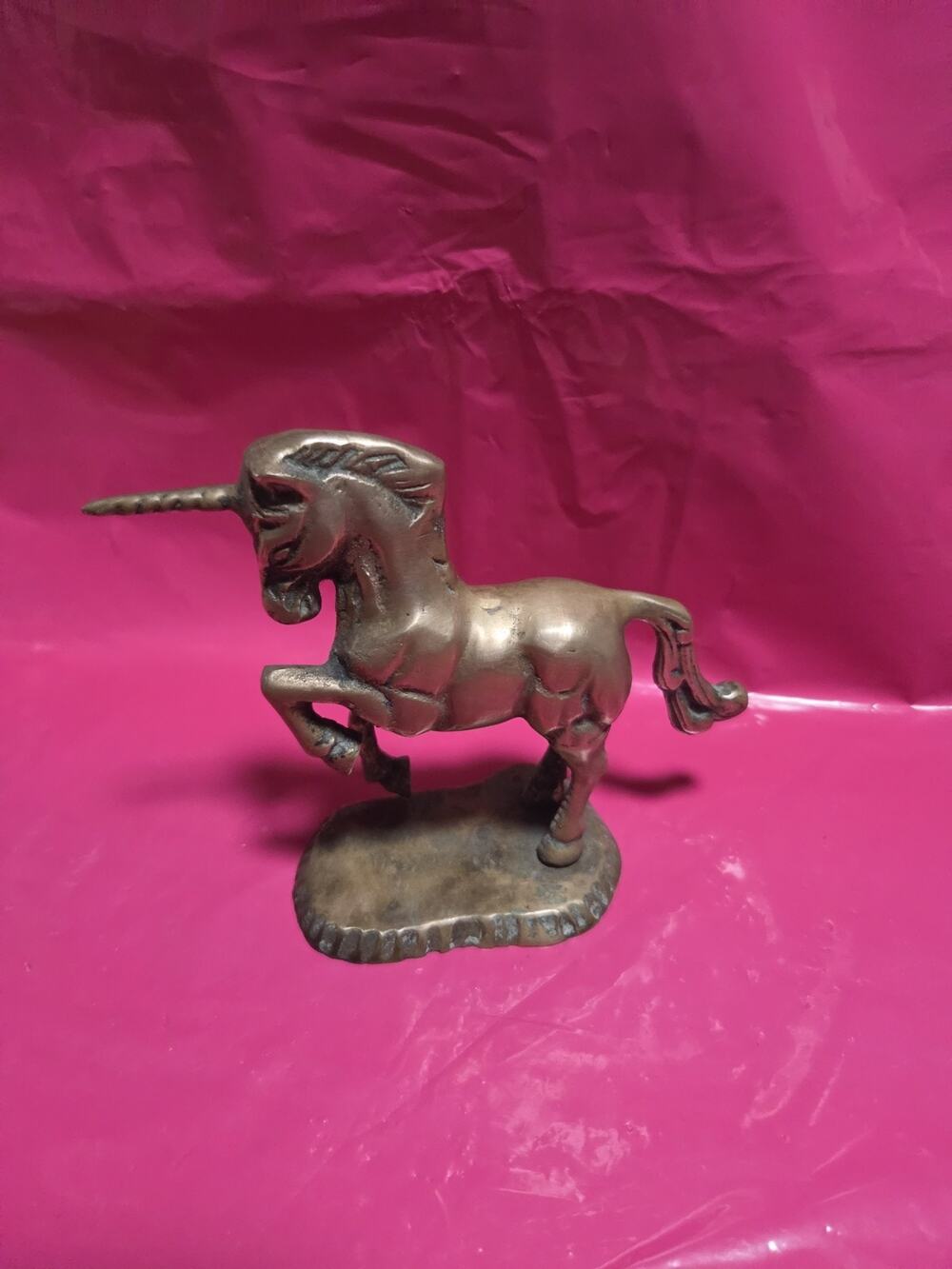 Solid Brass Unicorn Horse Mythical Figurine Statue w/ Base Vintage Stamped